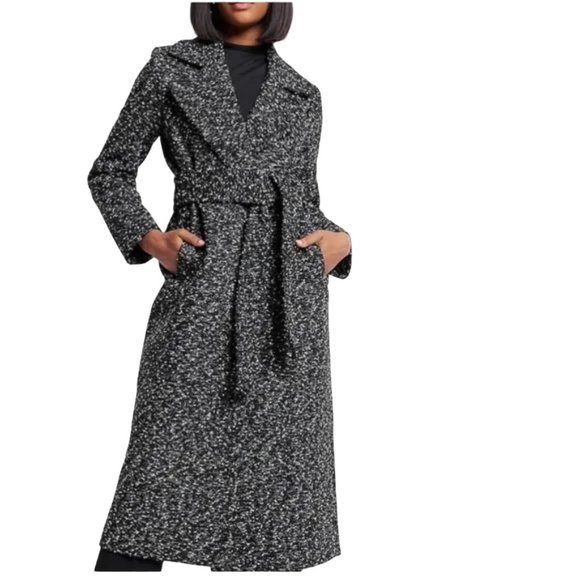 Express Black & White Lined Tweed Belted Trench Coat with Notch Collar & Pockets - Picture 1 of 11